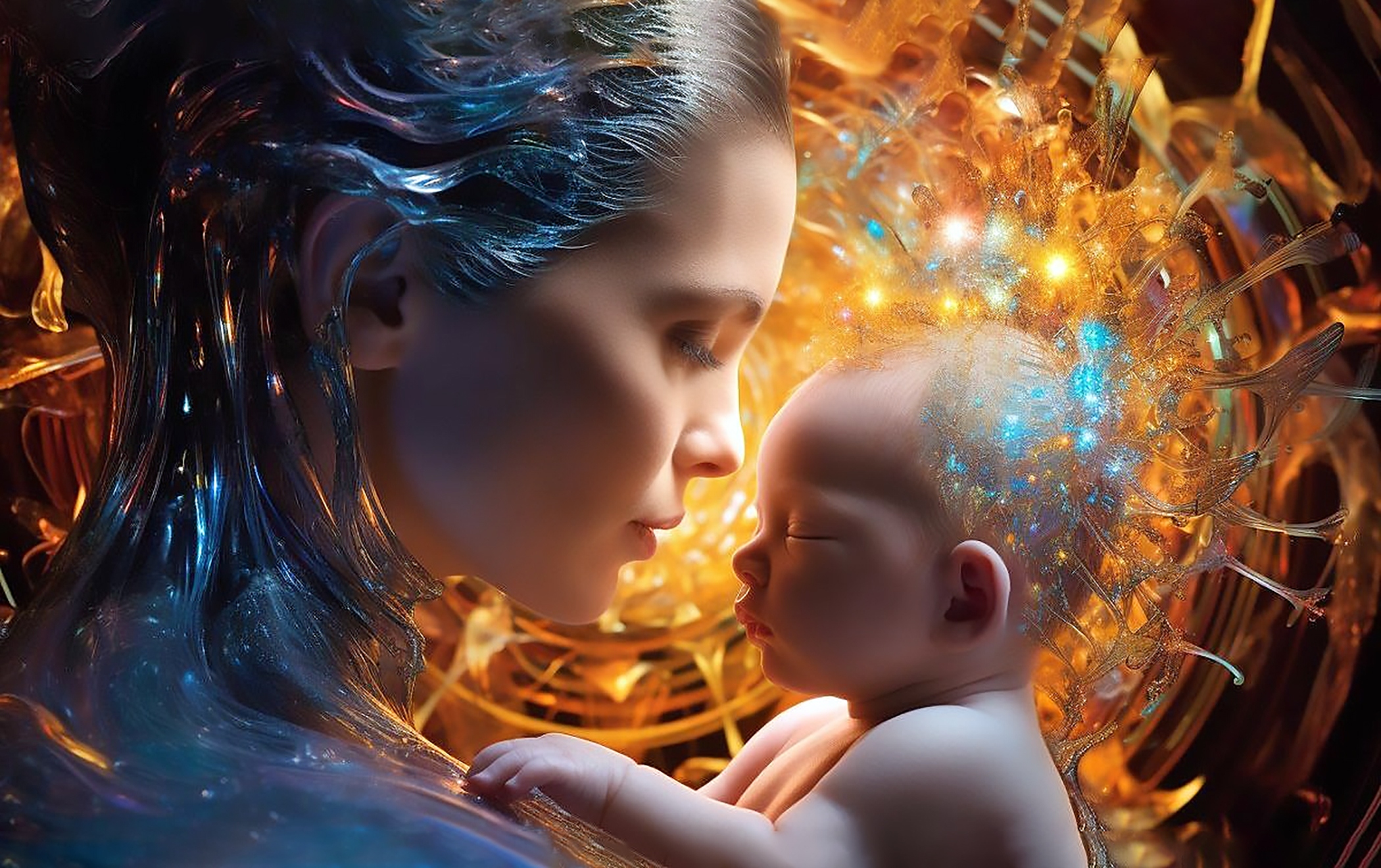 sci-fi cyberpunk mom with baby in her arms