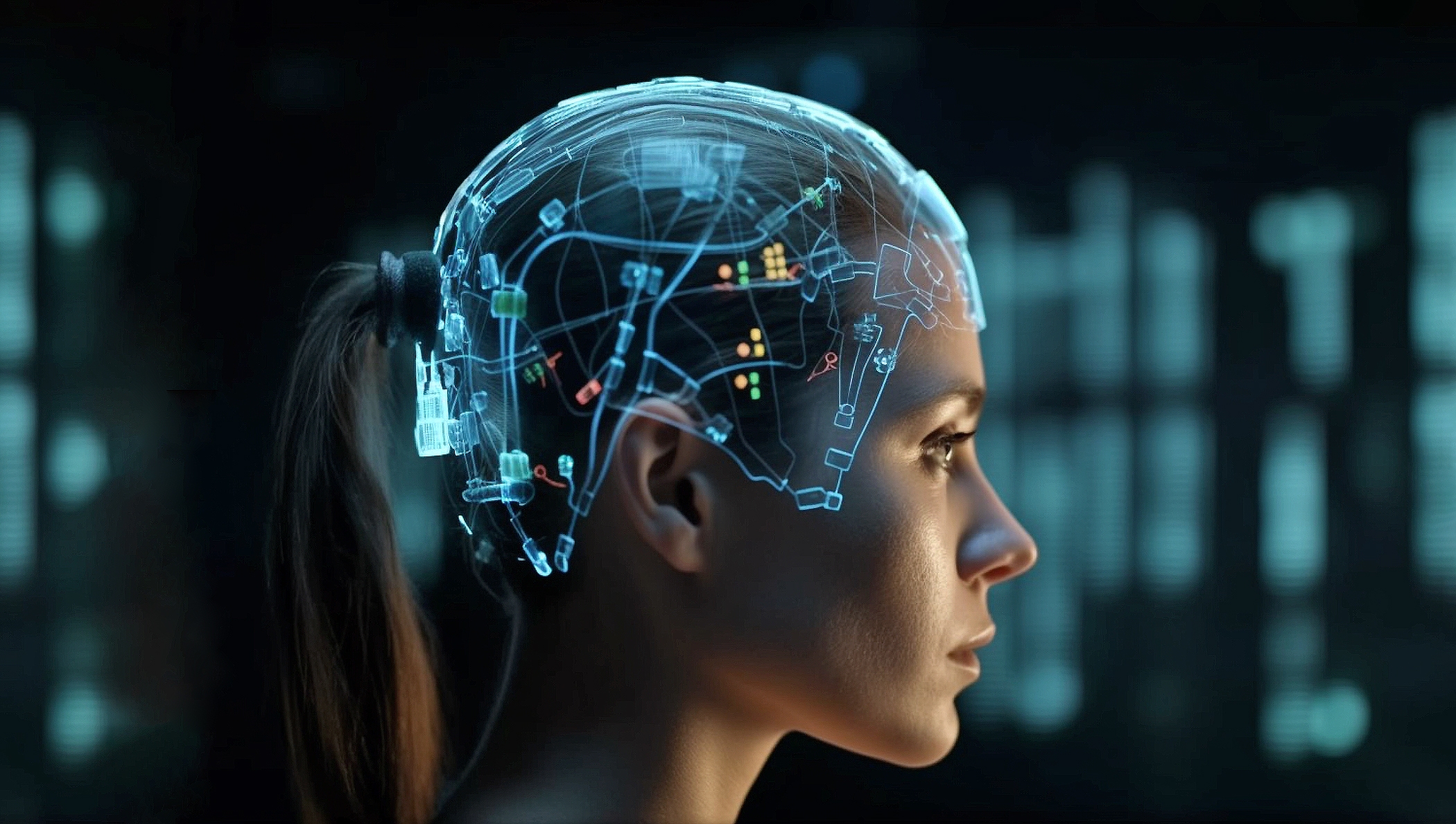 sci-fi cyberpunk young woman with holographic sensors on her head